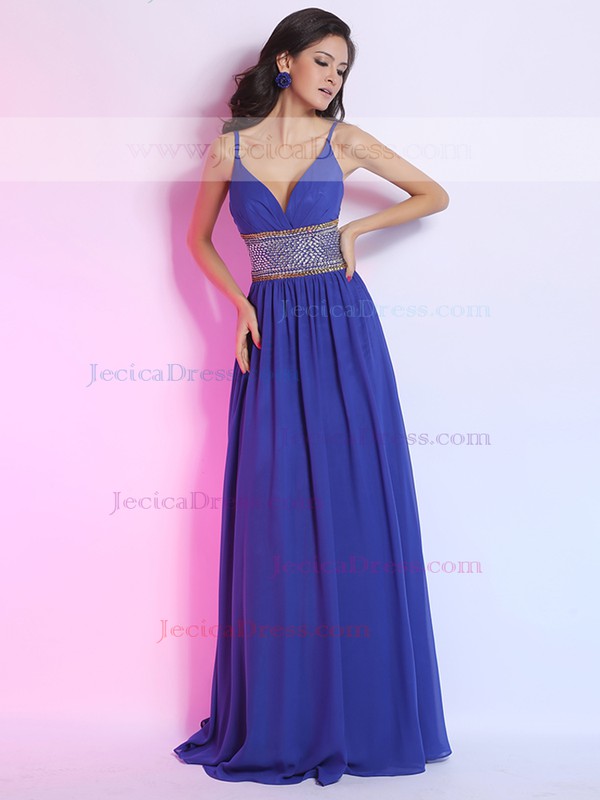 Pretty Chiffon with Crystal Detailing Spaghetti Straps V-neck Floor-length Prom Dress #JCD02014266
