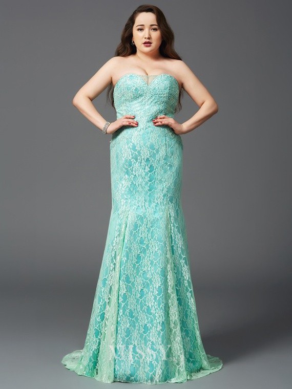 New Arrival Strapless Lace with Appliques Lace Sweep Train Trumpet/Mermaid Plus Size Prom Dresses #JCD020103417
