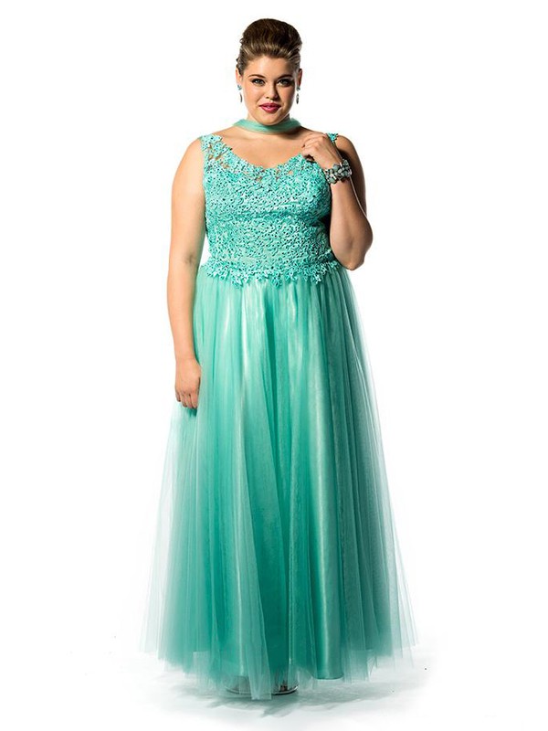 A-line V-neck Tulle Appliques Lace Fabulous Ankle-length Plus Size Prom Dresses #JCD020103424