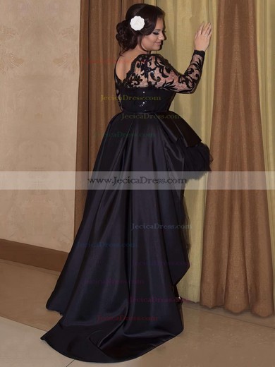 Asymmetrical A-line Scoop Neck Black Tulle Silk-like Satin Appliques Lace Unique Long Sleeve High Low Plus Size Prom Dresses #JCD020103427