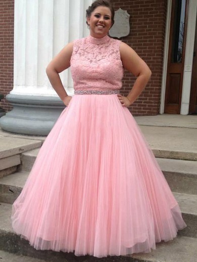 Open Back Ball Gown Pink Tulle Appliques Lace Floor-length Perfect High Neck Plus Size Prom Dresses #JCD020103428