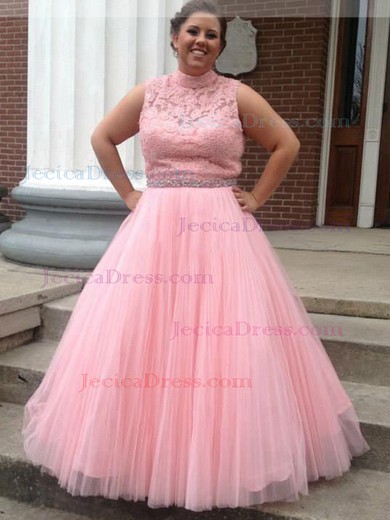 Open Back Ball Gown Pink Tulle Appliques Lace Floor-length Perfect High Neck Plus Size Prom Dresses #JCD020103428