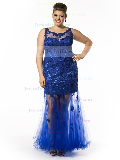 Exclusive Sheath/Column Scoop Neck Tulle Appliques Lace Floor-length Royal Blue Plus Size Prom Dresses #JCD020103429