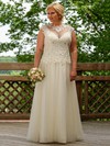 Modest A-line Scoop Neck Tulle with Appliques Lace Floor-length Plus Size Prom Dresses #JCD020103430