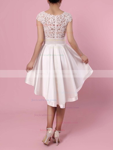 Asymmetrical A-line Scoop Neck Satin Tulle Appliques Lace Cap Straps Original High Low Prom Dresses #JCD020103433