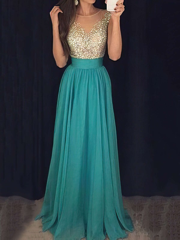 A-line Scoop Neck Chiffon Tulle with Beading Floor-length Glamorous Long Prom Dresses #JCD020103434