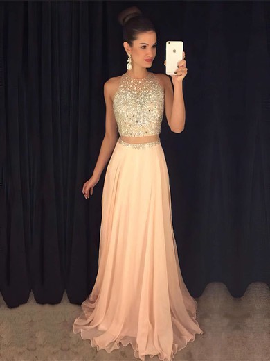 Fabulous A-line Scoop Neck Chiffon Tulle with Beading Sweep Train Two Piece Prom Dresses #JCD020103435