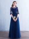 A-line Scoop Neck Lace Tulle with Appliques Lace Floor-length Perfect 1/2 Sleeve Prom Dresses #JCD020103436