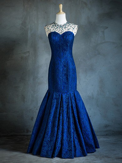 Custom Scoop Neck Lace Tulle Crystal Detailing Floor-length Royal Blue Trumpet/Mermaid Prom Dresses #JCD020103437