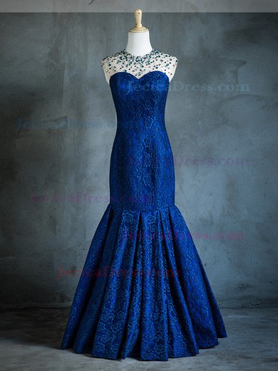 Custom Scoop Neck Lace Tulle Crystal Detailing Floor-length Royal Blue Trumpet/Mermaid Prom Dresses #JCD020103437