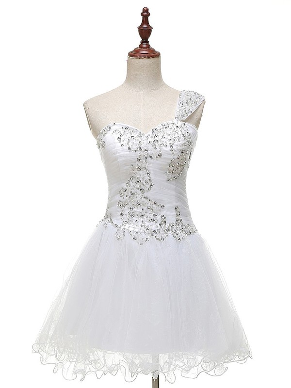 Cheap A-line Tulle with Beading Short/Mini One Shoulder Prom Dresses #JCD020103439