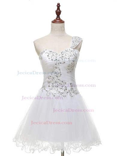 Cheap A-line Tulle with Beading Short/Mini One Shoulder Prom Dresses #JCD020103439