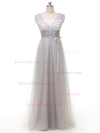 Affordable V-neck Tulle with Beading Floor-length Empire Prom Dresses #JCD020103440