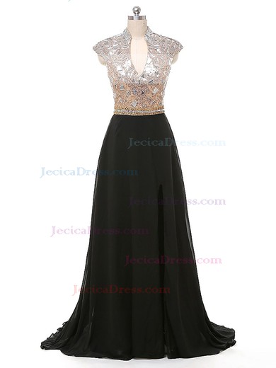 A-line Black Chiffon with Beading Sweep Train Sparkly High Neck Prom Dresses #JCD020103441