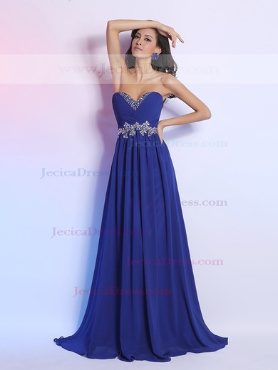 Empire Crystal Detailing Court Train Royal Blue Chiffon Prom Dresses #JCD02023079