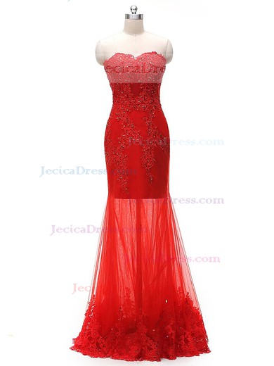 Wholesale Red Sweetheart Tulle Appliques Lace Floor-length Trumpet/Mermaid Prom Dresses #JCD020103442