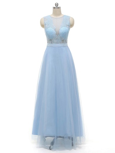 Classy A-line Scoop Neck Tulle with Appliques Lace Floor-length Prom Dresses #JCD020103448