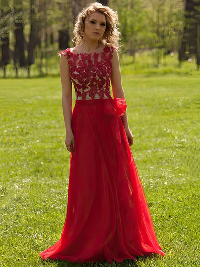 Red A-line Scoop Neck Tulle with Appliques Lace Floor-length New Style Prom Dresses #JCD020103453