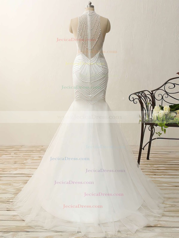 Online Trumpet/Mermaid Tulle with Pearl Detailing Sweep Train High Neck Prom Dresses #JCD020103454
