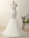 Online Trumpet/Mermaid Tulle with Pearl Detailing Sweep Train High Neck Prom Dresses #JCD020103454