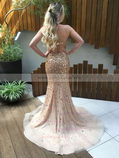 Trumpet/Mermaid Halter Tulle Crystal Detailing Sweep Train Sparkly Backless Prom Dresses #JCD020103455