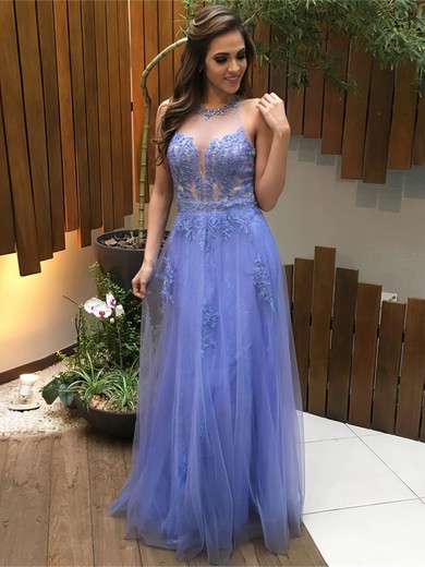 A-line Scoop Neck Tulle Appliques Lace Floor-length Fashion Open Back Prom Dresses #JCD020103458