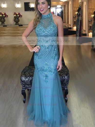 High Neck Trumpet/Mermaid Tulle with Beading Floor-length Trendy Open Back Prom Dresses #JCD020103459