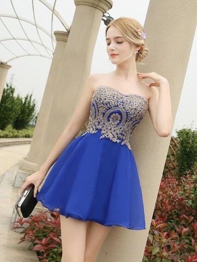 Royal Blue A-line Sweetheart Chiffon with Appliques Lace Girls Short/Mini Prom Dresses #JCD020103460