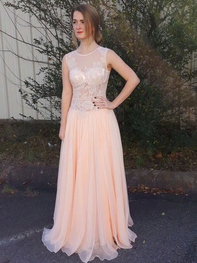 New A-line Scoop Neck Chiffon Tulle with Appliques Lace Floor-length Backless Prom Dresses #JCD020103461
