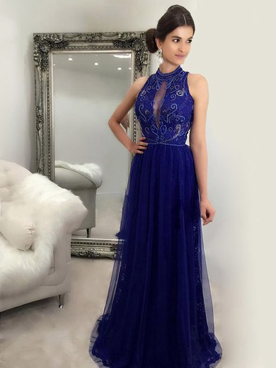 Newest A-line Royal Blue Lace Tulle with Beading Floor-length High Neck Prom Dresses #JCD020103462