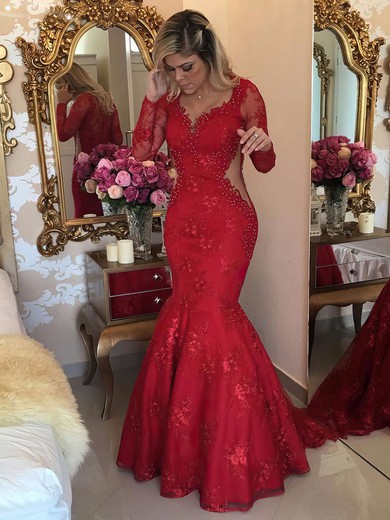 Red Trumpet/Mermaid V-neck Tulle Appliques Lace Sweep Train Latest Long Sleeve Prom Dresses #JCD020103463