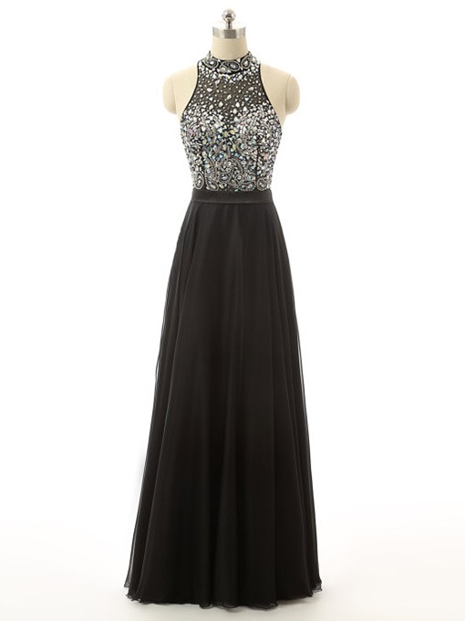 High Neck A-line Black Chiffon Tulle with Crystal Detailing Floor-length Nice Prom Dresses #JCD020103466
