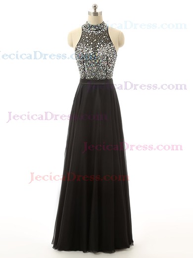High Neck A-line Black Chiffon Tulle with Crystal Detailing Floor-length Nice Prom Dresses #JCD020103466