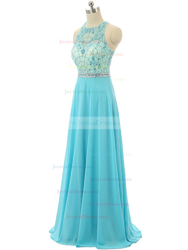 Inexpensive A-line Scoop Neck Chiffon Tulle with Beading Floor-length Prom Dresses #JCD020103467