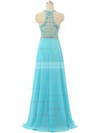 Inexpensive A-line Scoop Neck Chiffon Tulle with Beading Floor-length Prom Dresses #JCD020103467