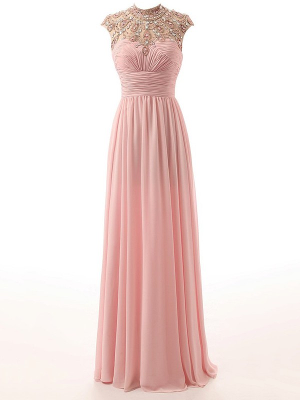 A-line Pink Tulle Chiffon with Beading Floor-length Pretty High Neck Prom Dresses #JCD020103468