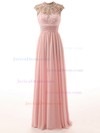 A-line Pink Tulle Chiffon with Beading Floor-length Pretty High Neck Prom Dresses #JCD020103468