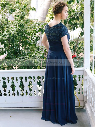 Wholesale A-line Scoop Neck Chiffon Appliques Lace Floor-length Short Sleeve Prom Dresses #JCD020103469