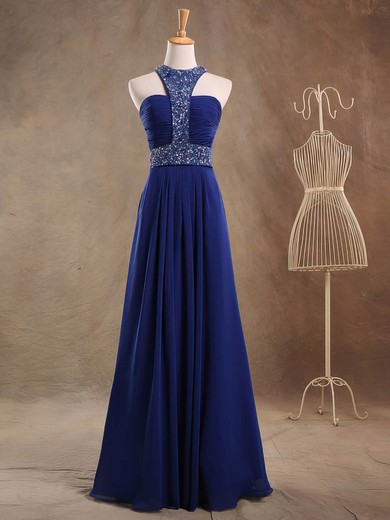 Royal Blue A-line Scoop Neck Chiffon with Beading Floor-length Discounted Prom Dresses #JCD020103471