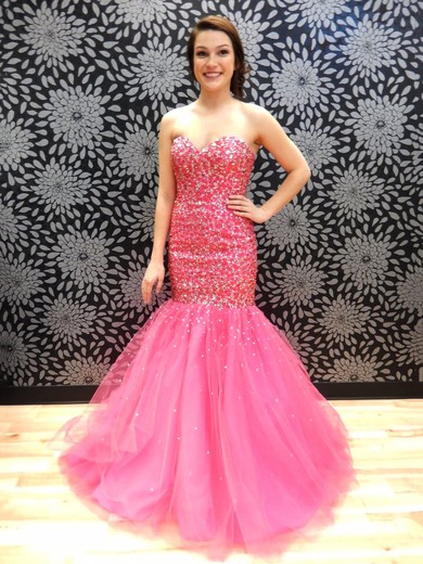 Amazing Sweetheart Tulle with Beading Sweep Train Lace-up Trumpet/Mermaid Prom Dresses #JCD020103474