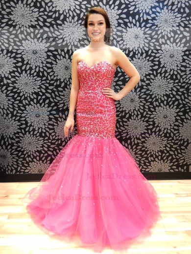 Amazing Sweetheart Tulle with Beading Sweep Train Lace-up Trumpet/Mermaid Prom Dresses #JCD020103474