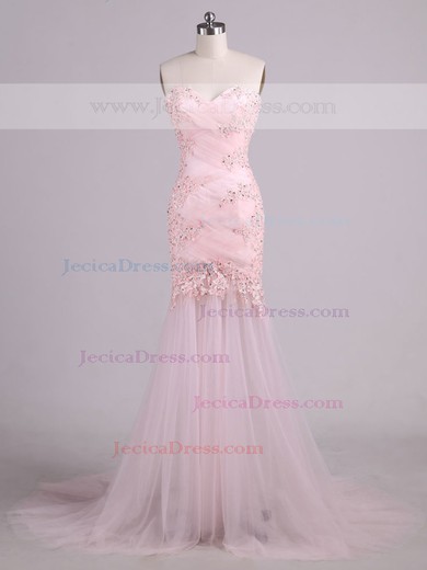 Trumpet/Mermaid Sweetheart Tulle Appliques Lace Sweep Train Prettiest Pink Prom Dresses #JCD020103475
