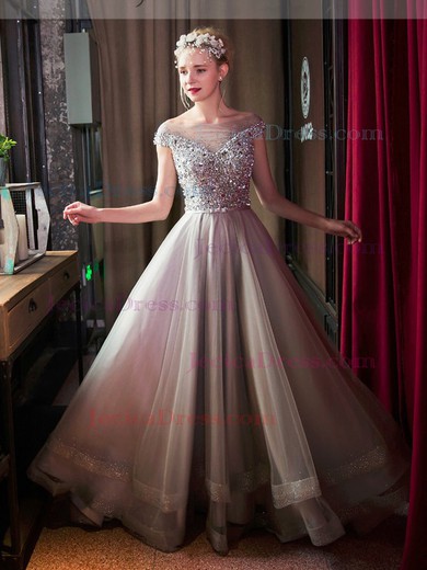 Glamorous A-line Tulle with Beading Floor-length Off-the-shoulder Prom Dresses #JCD020103477