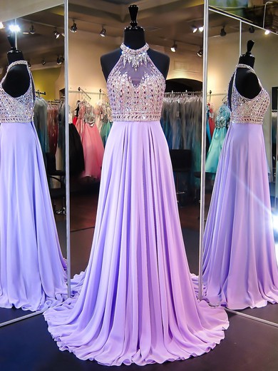 Boutique A-line Chiffon Tulle with Beading Sweep Train High Neck Prom Dresses #JCD020103478
