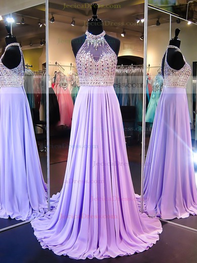Boutique A-line Chiffon Tulle with Beading Sweep Train High Neck Prom Dresses #JCD020103478