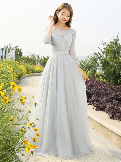 Beautiful Backless A-line Scoop Neck Lace Tulle Appliques Lace Floor-length 3/4 Sleeve Prom Dresses #JCD020103479