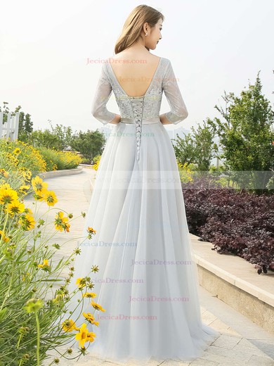 Beautiful Backless A-line Scoop Neck Lace Tulle Appliques Lace Floor-length 3/4 Sleeve Prom Dresses #JCD020103479
