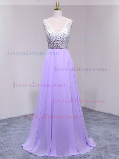 A-line V-neck Chiffon Tulle with Beading Floor-length Affordable Backless Prom Dresses #JCD020103480