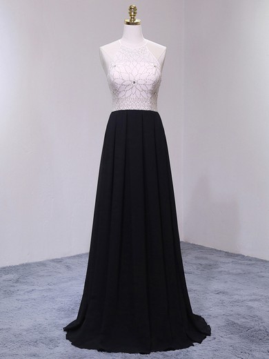 Black A-line Scoop Neck Chiffon Beading Floor-length Original Backless Prom Dresses #JCD020103481