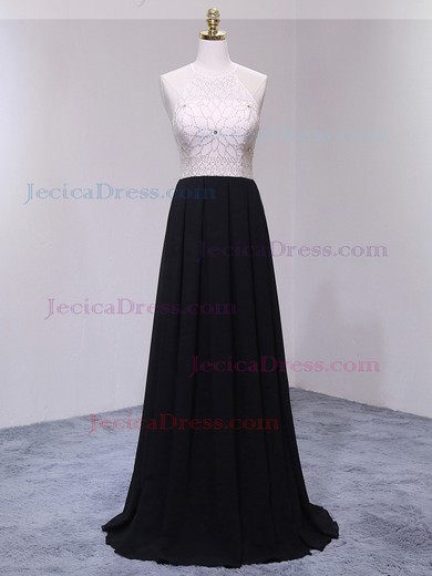 Black A-line Scoop Neck Chiffon Beading Floor-length Original Backless Prom Dresses #JCD020103481